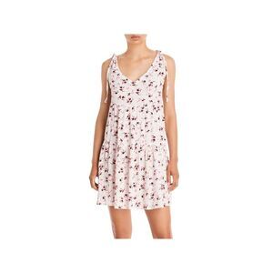 AVA & ESME Womens White Tie Floral Sleeveless V Neck Short Baby Doll Dress L